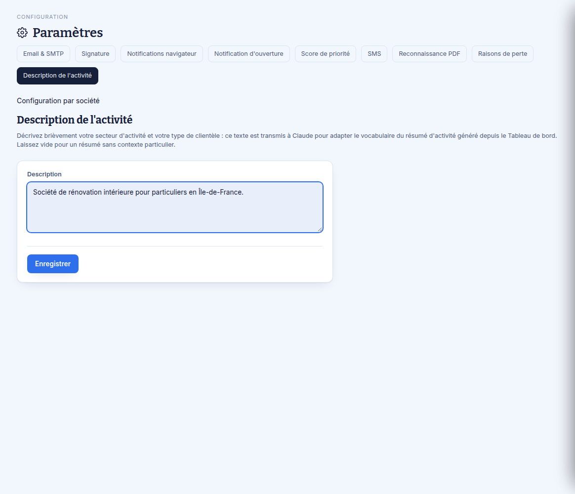 Écran de description de l'activité de la société