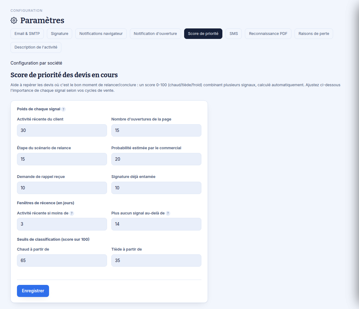 Réglage des poids du score de priorité